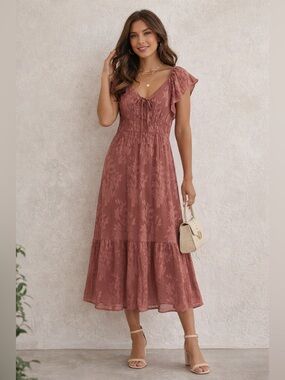 NWT Flutter Sleeve Tiered Midi Dress - Dusty Rose